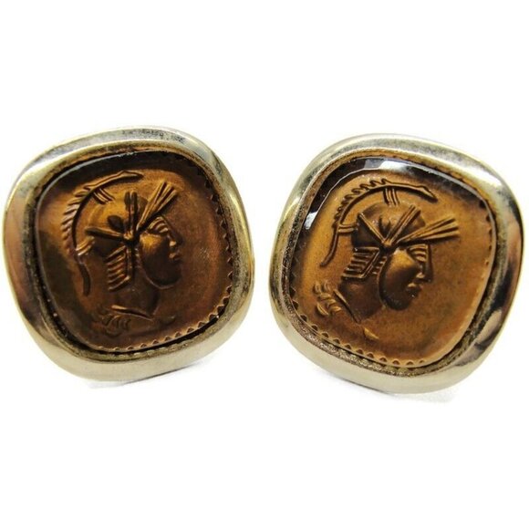 Roman Gladiator Gold Tone Acrylic Square Cufflinks Tux Shirt Dress Suit Vintage - Picture 7 of 9